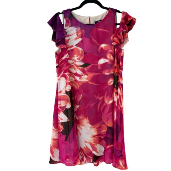 Kensie y2K Bold Orange, Pink Floral Chiffon Ruffle Sleeve Dress, Flowy Fit sz 8 - Picture 1 of 10